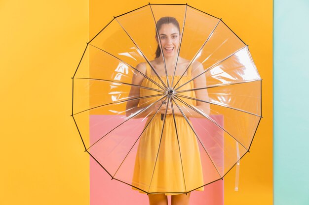 Happy woman in yellow dress