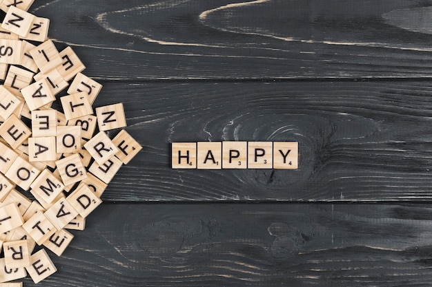 Happy word on wooden background