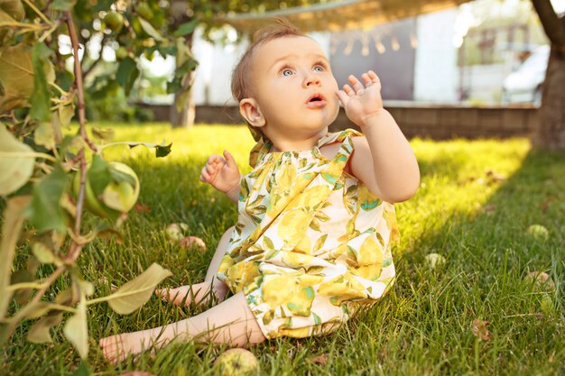 The happy young baby girl during picking apples in a garden outdoors