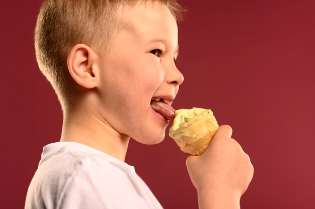 Happy young boy eating ice cream