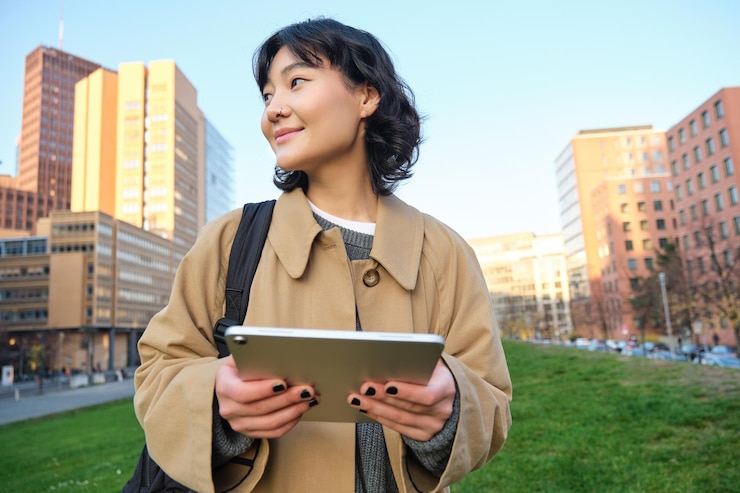 無料Photo 幸せな若いブルネットの少女アジアの女性はタブレットで街を歩き回り、彼女のデジで大学に行きます