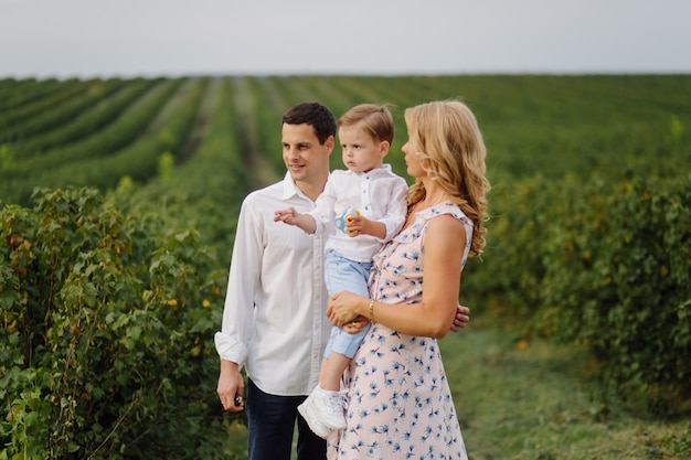 Foto gratuita felice giovane famiglia papà, mamma e figlio piccolo sembra felice nel parco