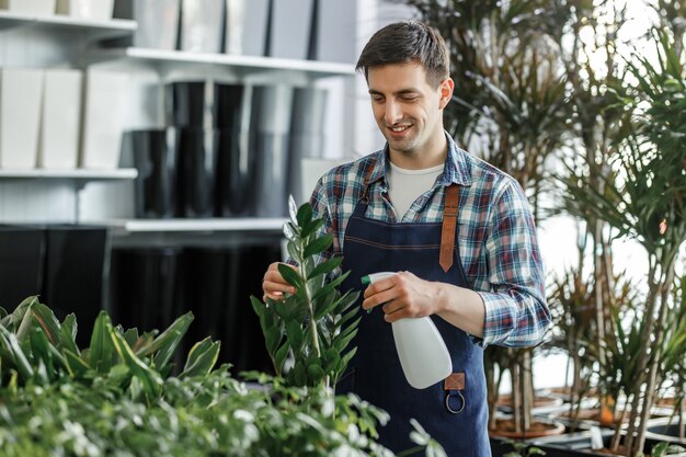 Happy young male watering domestic plant leaves indoor