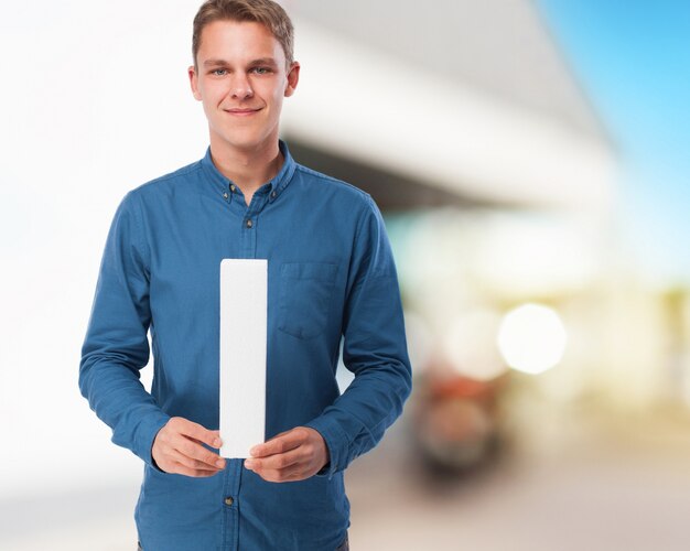 happy young man with i letter