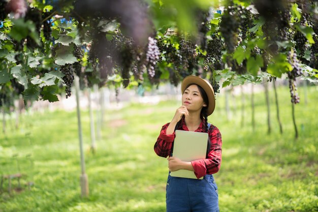 熟した青いブドウの枝を持って幸せな若い女性庭師