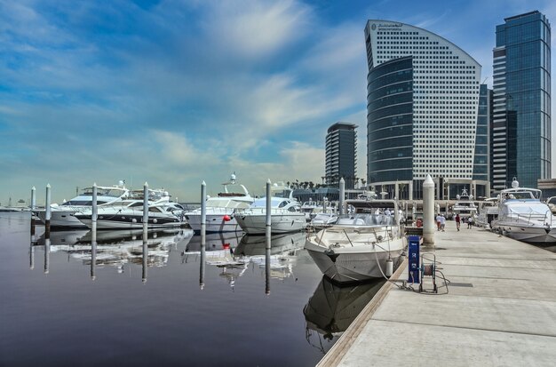 Harbor in Dubai under a clear blue sky