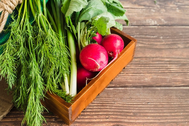 Harvested scallions; dill and red turnip in the wooden tray against wooden backdrop