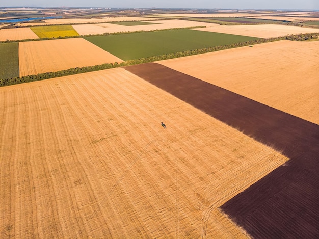 畑で働くコンバイン収穫機農業機械を組み合わせて黄金の熟した小麦畑を収穫する