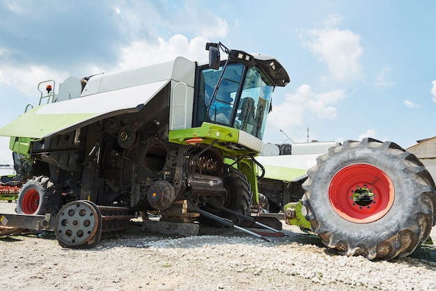 Harvesters and combine parts at the plant are waiting for sales