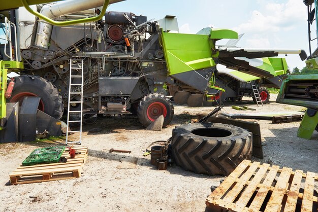 Harvesters and combine parts at the plant are waiting for sales