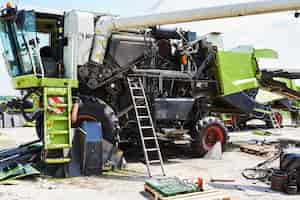 Free photo harvesters and combine parts at the plant are waiting for sales