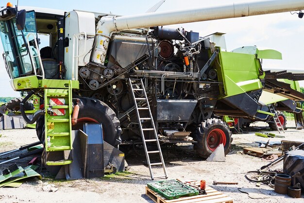 Harvesters and combine parts at the plant are waiting for sales