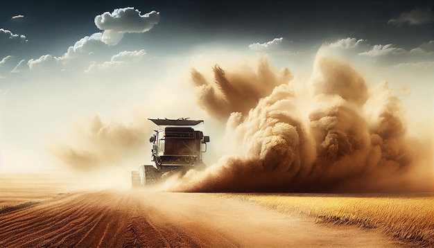 免费照片收割小麦在农村草原日落时生成的人工智能