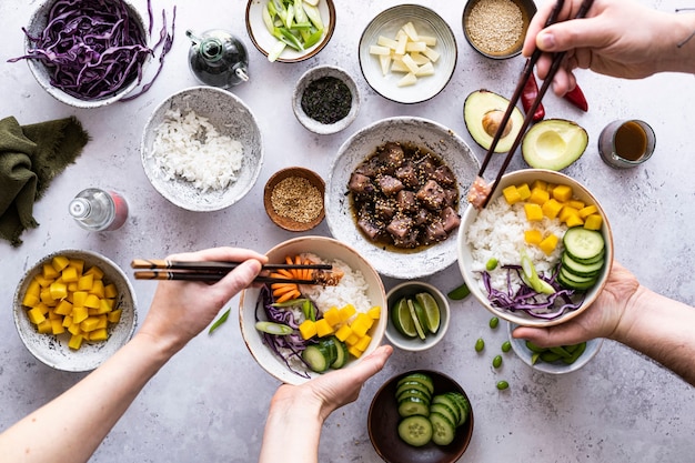 Hawaiian ahi tuna with vegetables flat lay photography