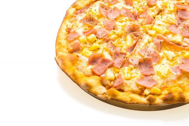 Hawaiian pizza on wooden tray