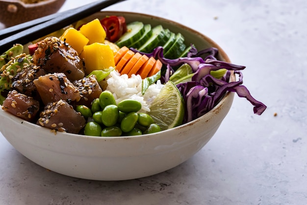 Hawaiian tuna poke bowl photography