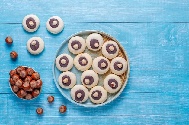 Hazelnut cookies with hazelnuts,top view