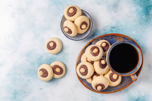 Hazelnut cookies with hazelnuts,top view