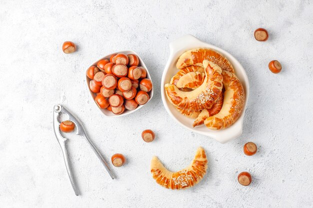 Hazelnut cookies with hazelnuts,top view