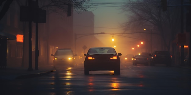 A hazy city scene in the morning filled with fog