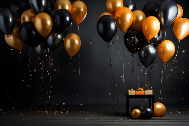 HD celebration backdrop with gold and black balloons decorations