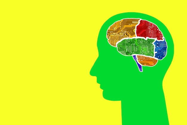 다채로운 배경에 칩의 여러 가지 빛깔의 두뇌와 머리