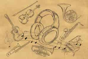 Free photo headphone sketch music instruments on brown paper