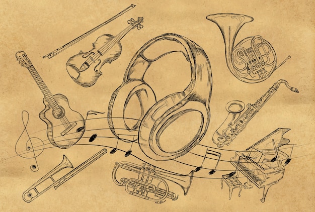 茶色の紙の上のヘッドフォンのスケッチ音楽楽器
