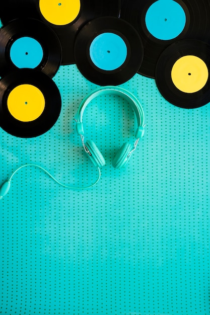 Headphones below vinyls