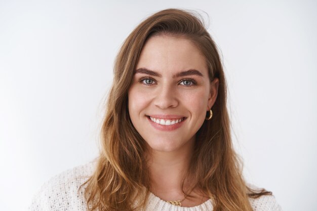 Headshot charismatic pleasant friendly european woman short chestnut haircut smiling positive feeling happy upbeat enjoying lifes casually talking friends, amused cheerful standing white background