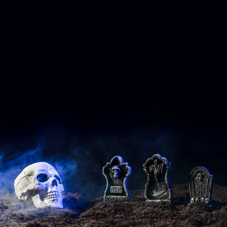 Free Photo headstones and skull in fog on soil