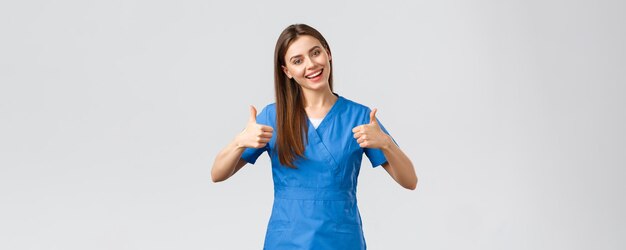 Healthcare workers prevent virus insurance and medicine concept optimistic and enthusiastic female n