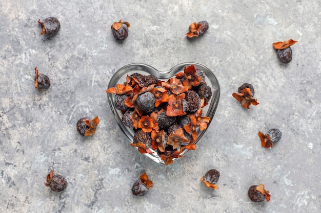 Healthy assortment dry fruits, top view