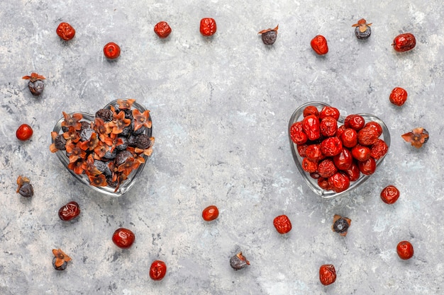 Healthy assortment dry fruits, top view