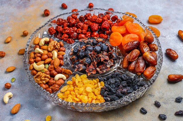 Healthy assortment dry fruits,top view