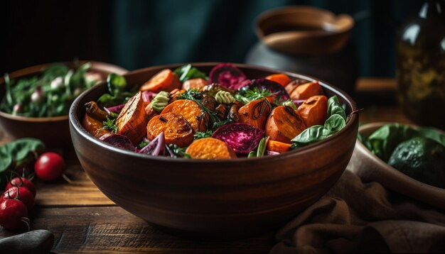 Healthy autumn salad in rustic wooden bowl generated by AI