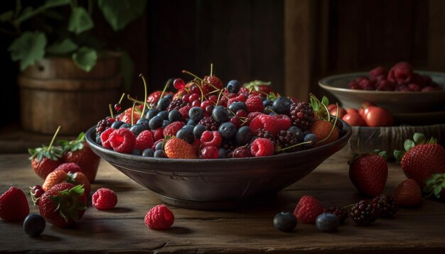 Здоровые ягоды на деревенском столе — идеальное летнее угощение, созданное искусственным интеллектом
