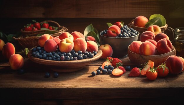 Healthy berry bowl on rustic wooden table generated by AI