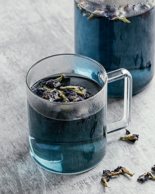 Healthy blue drink composition on the table