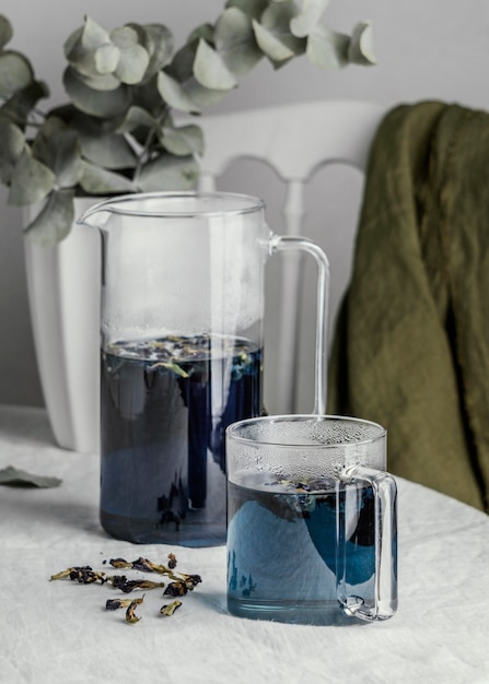 Healthy blue drink composition on the table