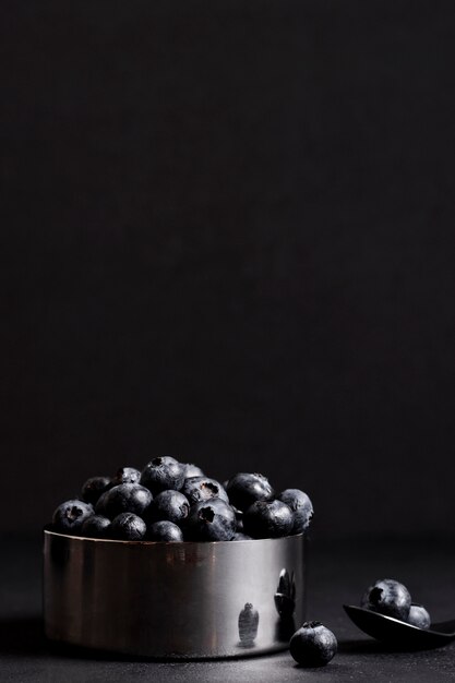 Healthy blueberries in metallic bowl