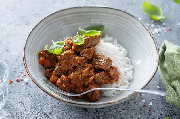 Healthy bowl with beef rice and vegetables