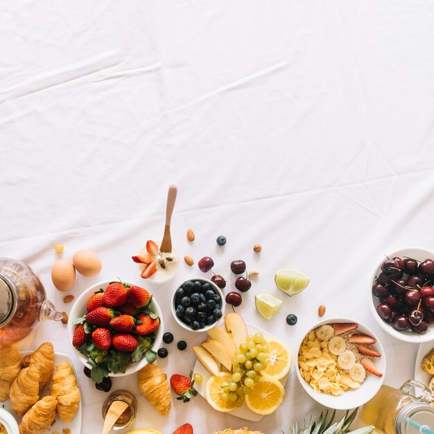 Healthy breakfast on the bottom of white background