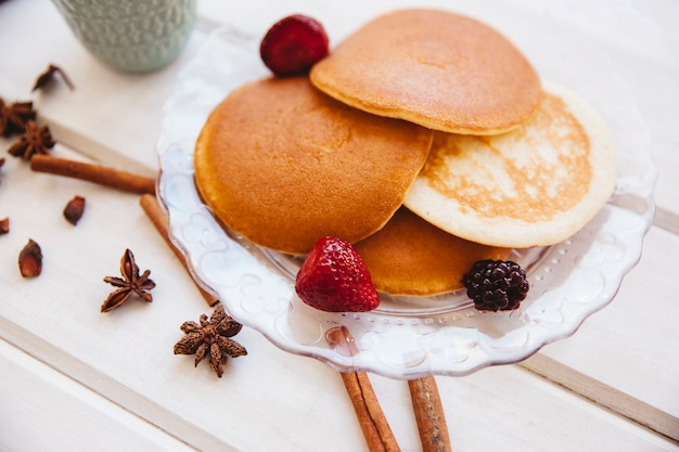 Healthy breakfast concept with pancakes on plate