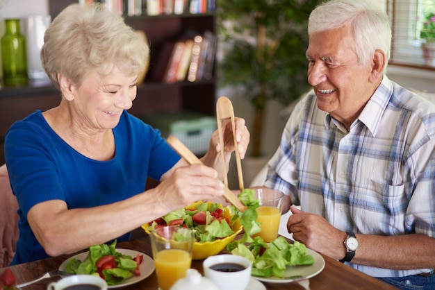 healthy breakfast eaten by senior couple
