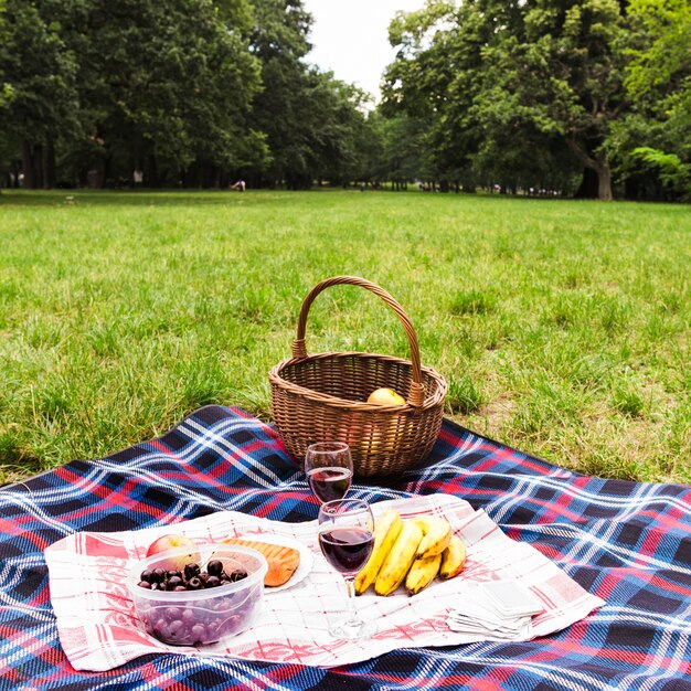 健康的な朝食と緑の草の上の毛布上のワイングラス
