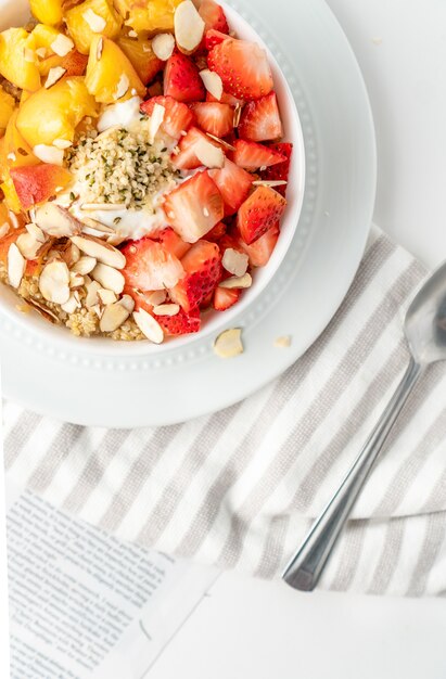 Healthy breakfast with fresh fruits and nuts