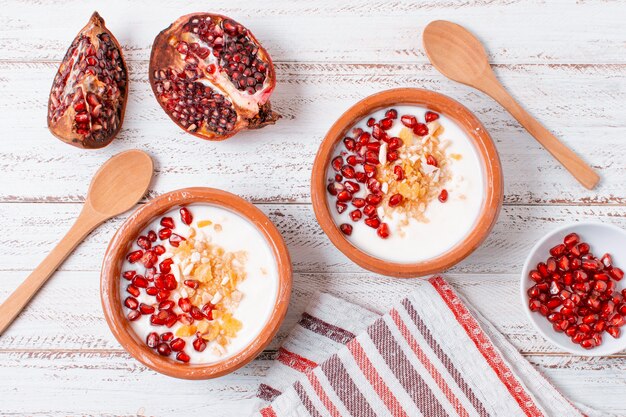 Healthy breakfast with pomegranate seeds