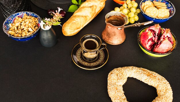 Healthy breakfast with tea on table