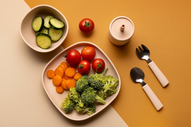 Free photo healthy children's food arrangement above view